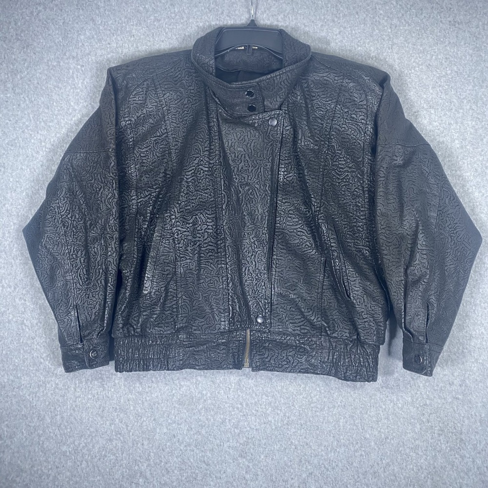 Wilsons Leather Bomber Jacket Womens Small Black Embossed Swirl Vintage